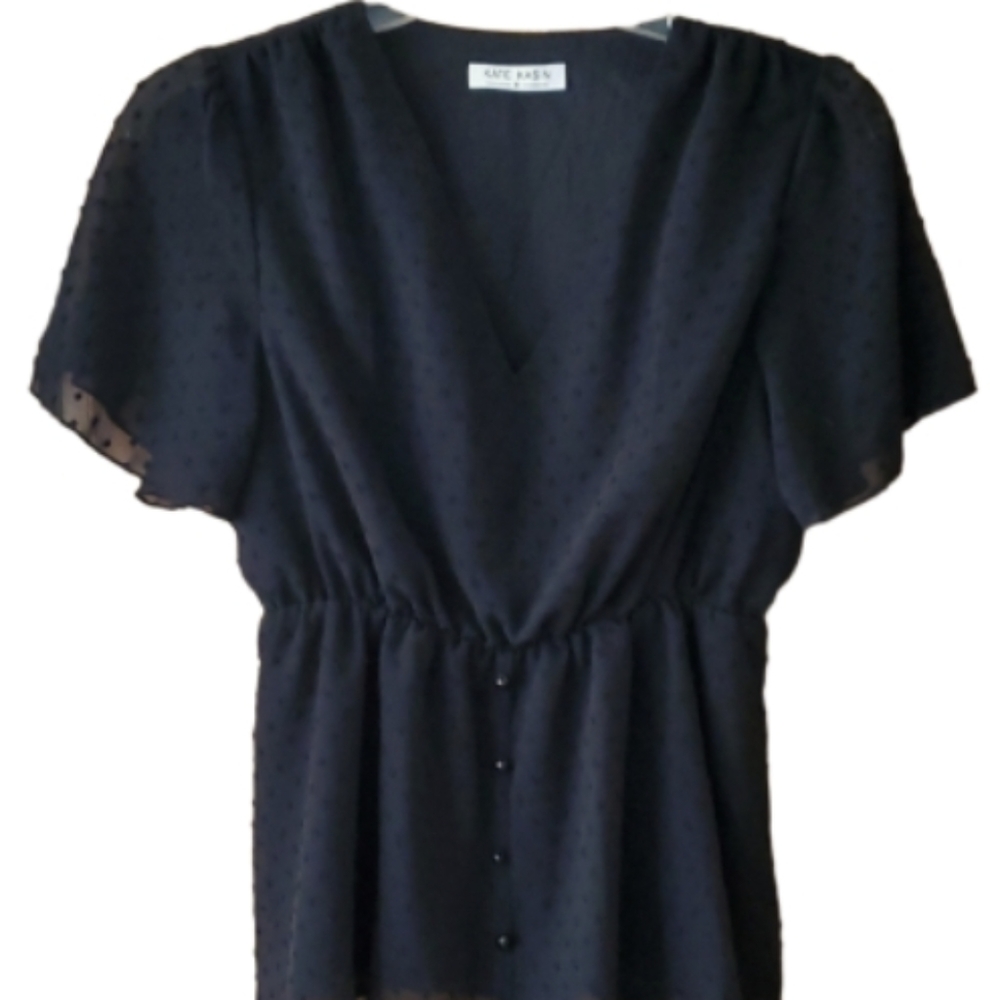 Kate Kasin Womans Lined Black Swiss Dot Short Sleeve Top Size Medium